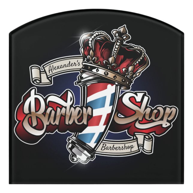 Elegant Barber Pole and Crown Personalize Door Sign (Contour Front)
