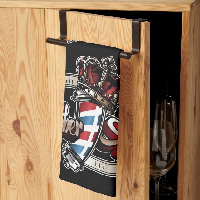 Elegant Barber Pole and Crown Personalize Kitchen Towel (Thirds Fold)