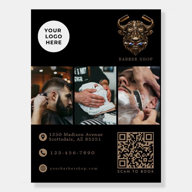 Elegant Barber Shop Bronze Buffalo Logo QR Code Foam Board (Front)