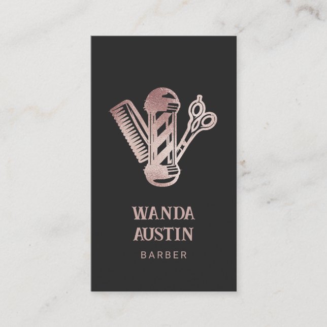 Elegant Barber Shop Rose Gold Glitter  Business Card (Front)