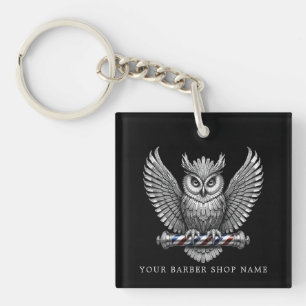 Elegant Barber Shop Silver Owl Logo Branding Keychain