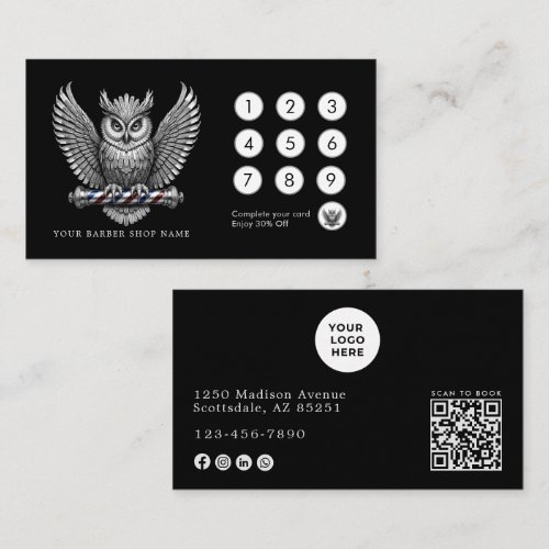 Elegant Barber Shop Silver Owl Logo Hair Stylist Loyalty Card
