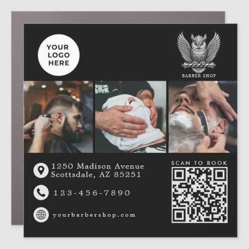 Elegant Barber Shop Silver Owl Logo QR Code Car Magnet