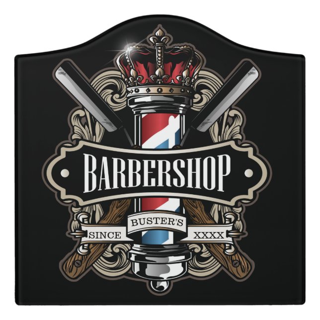 Elegant Barbershop Logo Personalize Door Sign (Large Crest Front)
