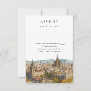 Elegant Barcelona Skyline Watercolor Wedding RSVP Card