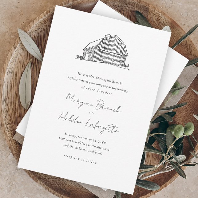 Elegant Barn Black and White Rustic Wedding Invitation (Creator Uploaded)