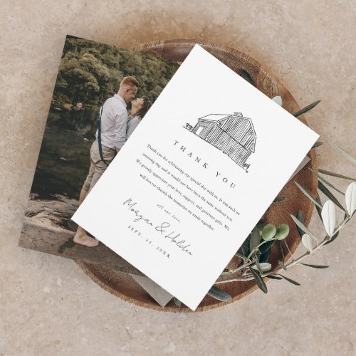Elegant Barn Black and White Rustic Wedding Photo Thank You Card