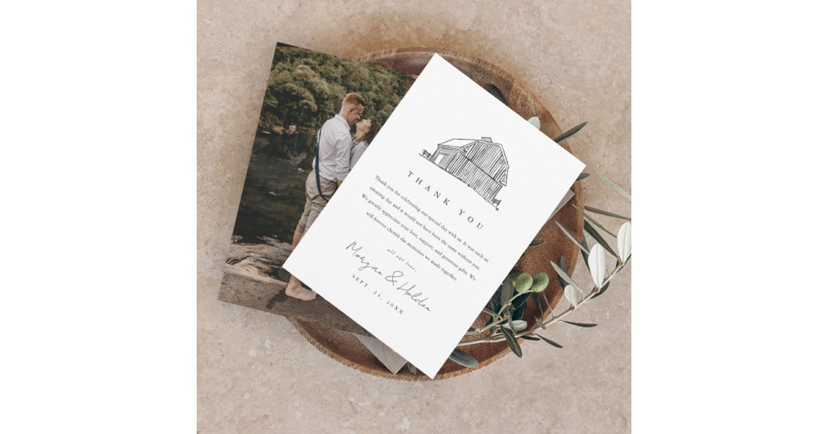 Elegant Barn Black and White Rustic Wedding Photo Thank You Card | Zazzle