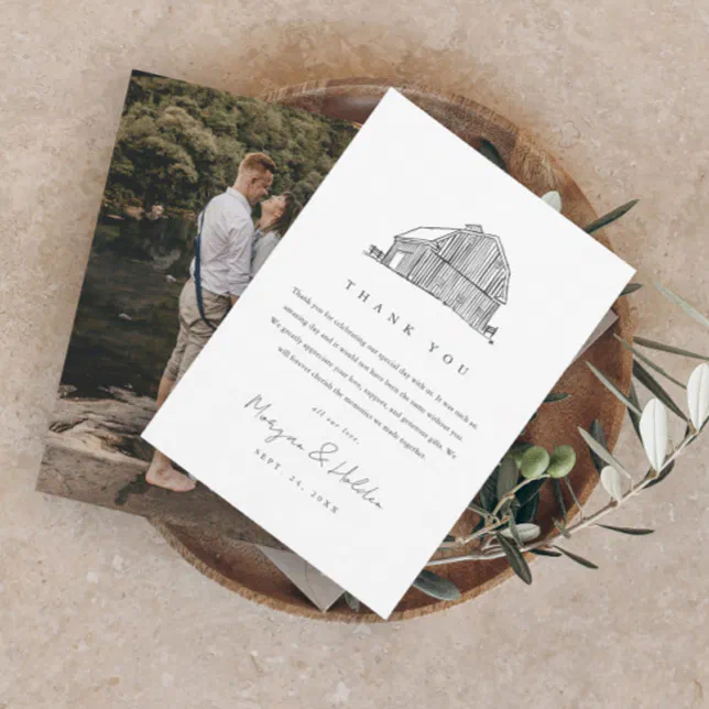 Elegant Barn Black and White Rustic Wedding Photo Thank You Card | Zazzle