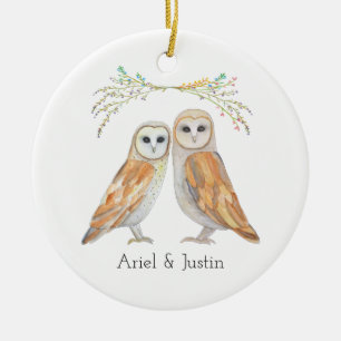 Elegant Barn Owl Couple Custom Name Christmas Gift Ceramic Ornament
