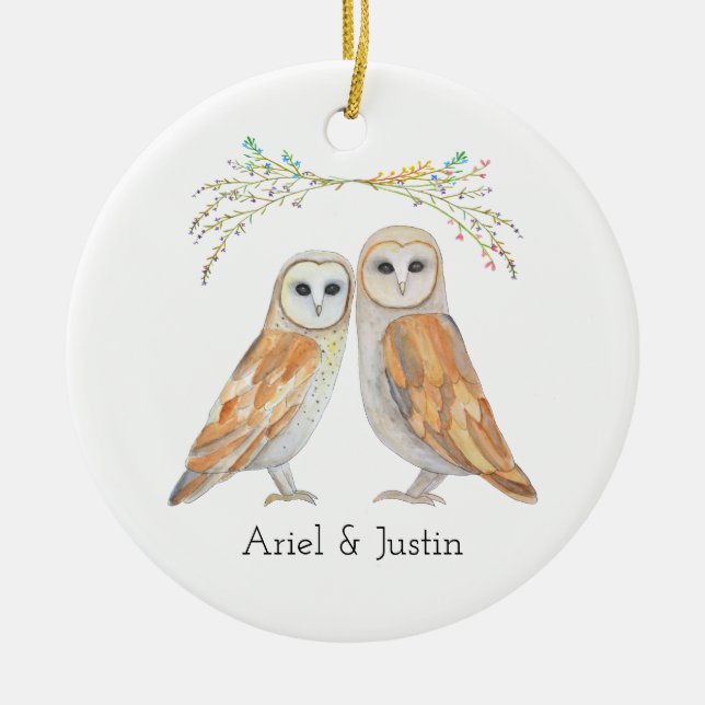 Elegant Barn Owl Couple Custom Name Christmas Gift Ceramic Ornament (Front)
