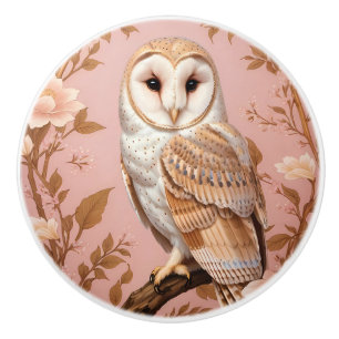 Elegant Barn Owl Pink and Gold Floral  Ceramic Knob