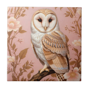 Elegant Barn Owl Pink and Gold Floral  Ceramic Tile