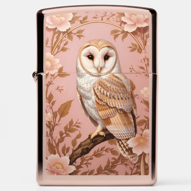 Elegant Barn Owl Pink and Gold Floral  Zippo Lighter (Front)