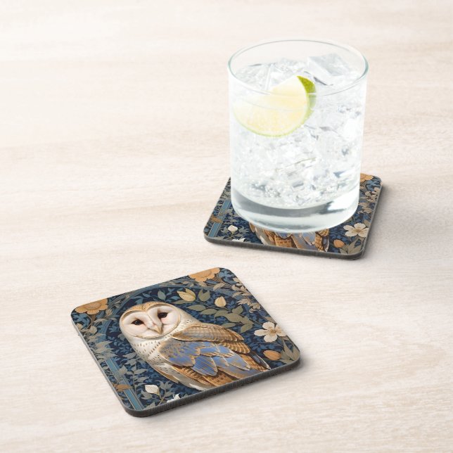 Elegant Barn Owl William Morris Inspired Floral Beverage Coaster (Right Side)