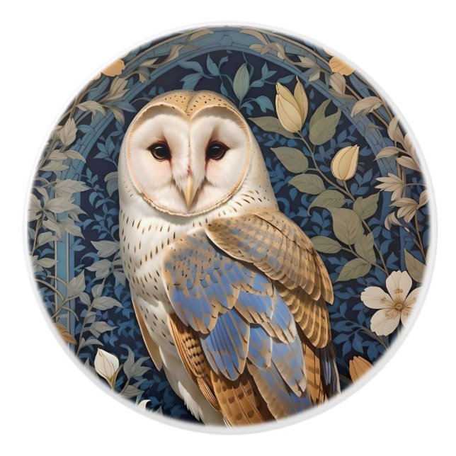 Elegant Barn Owl William Morris Inspired Floral Ceramic Knob (Front)