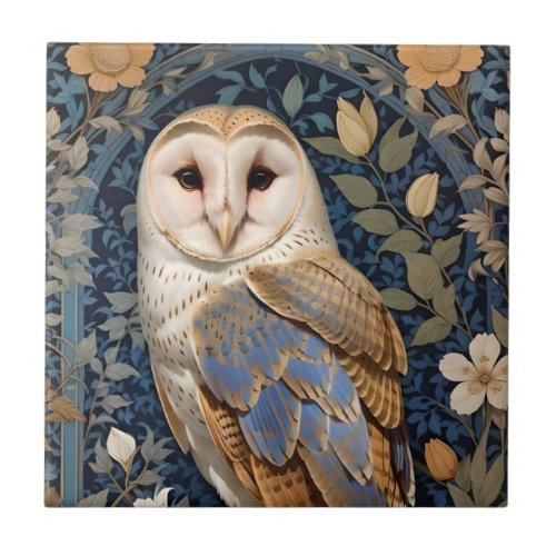 Elegant Barn Owl William Morris Inspired Floral Ceramic Tile