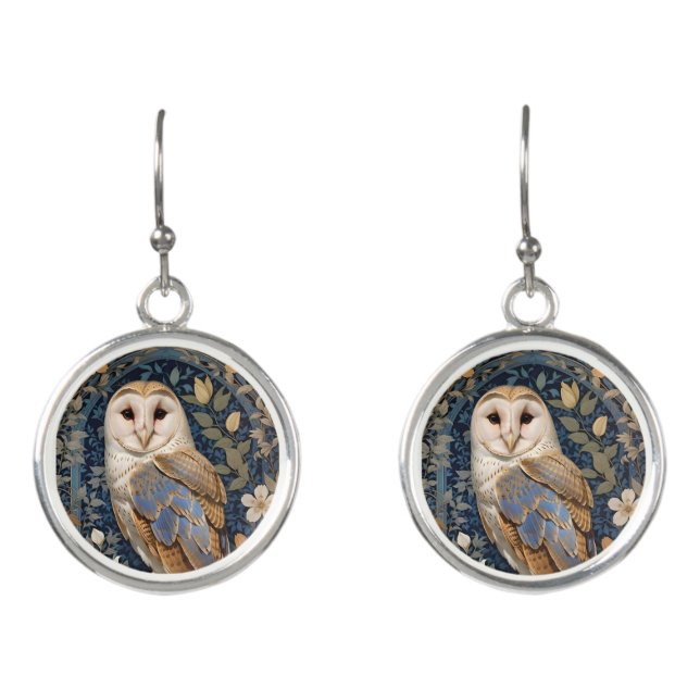 Elegant Barn Owl William Morris Inspired Floral Earrings (Front)