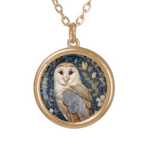 Elegant Barn Owl William Morris Inspired Floral Gold Plated Necklace