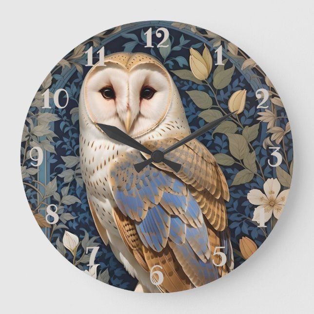 Elegant Barn Owl William Morris Inspired Floral Large Clock (Front)