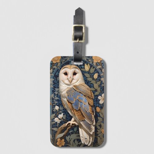 Elegant Barn Owl William Morris Inspired Floral Luggage Tag
