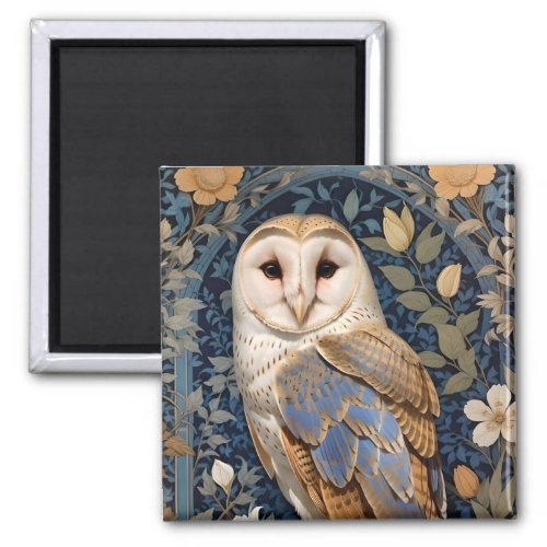 Elegant Barn Owl William Morris Inspired Floral Magnet