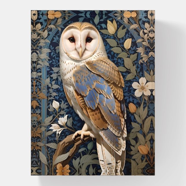 Elegant Barn Owl William Morris Inspired Floral Paperweight (Vertical)