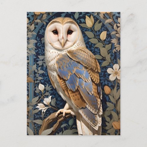 Elegant Barn Owl William Morris Inspired Floral Postcard