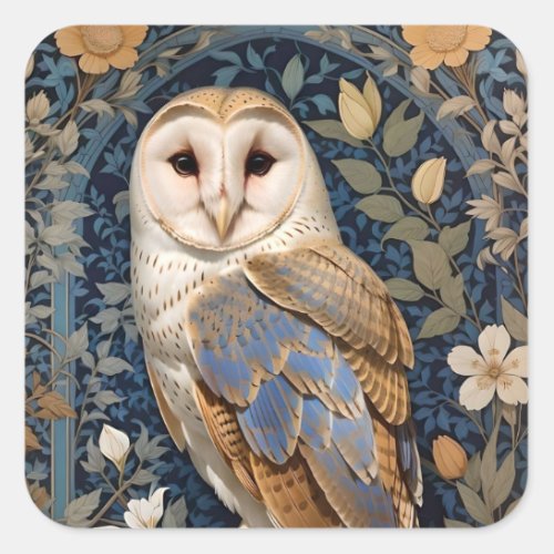 Elegant Barn Owl William Morris Inspired Floral Square Sticker