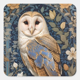 Elegant Barn Owl William Morris Inspired Floral Square Sticker