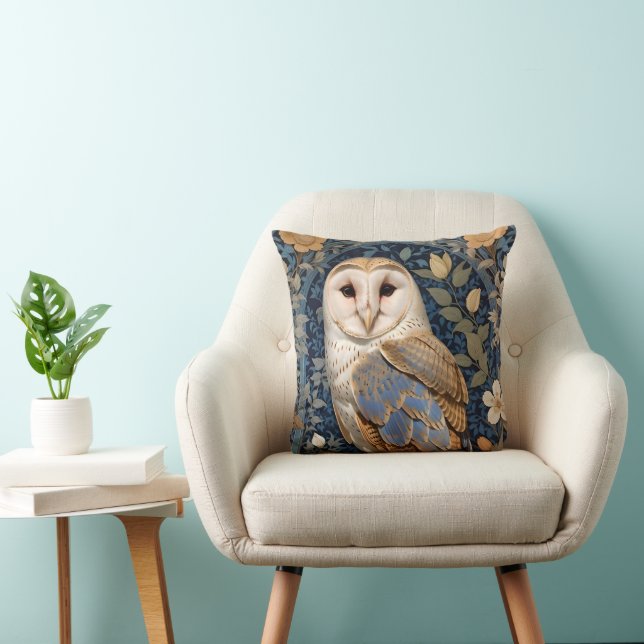 Elegant Barn Owl William Morris Inspired Floral Throw Pillow (Chair)