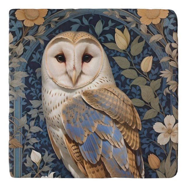 Elegant Barn Owl William Morris Inspired Floral Trivet (Front)