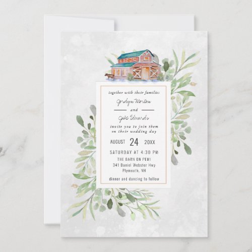 Elegant Barn  Watercolor Wedding Invitation