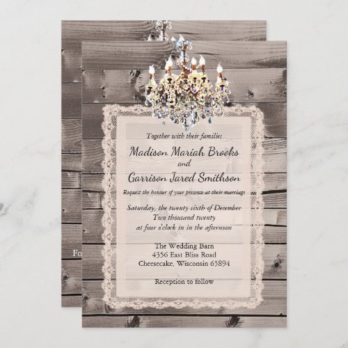 Elegant barn wedding with lace and chandelier invitation