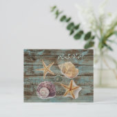 elegant barnwood seashells beach wedding rsvp invitation postcard (Standing Front)