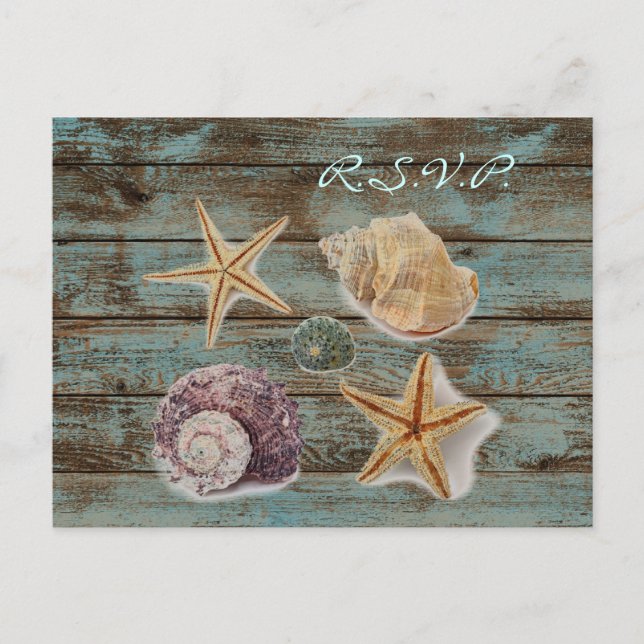 elegant barnwood seashells beach wedding rsvp invitation postcard (Front)