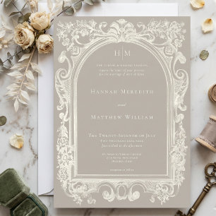 Elegant Baroque Arch Neutral Tan Ivory Wedding Invitation