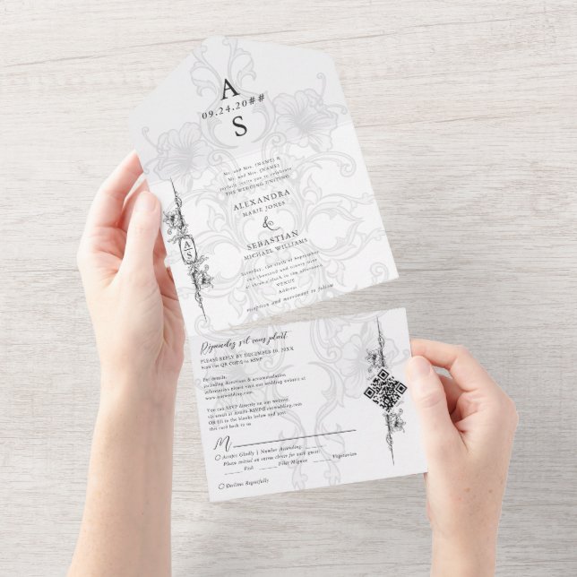 Elegant Baroque Black White Floral Formal Wedding All In One Invitation (Tearaway)
