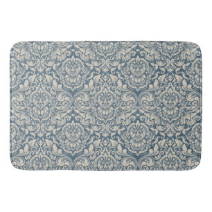 Elegant Baroque Blue Damask Brocade on White Bath Mat