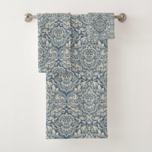 Elegant Baroque Blue Damask Brocade on White Bath Towel Set