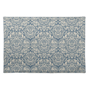 Elegant Baroque Blue Damask Brocade on White Cloth Placemat