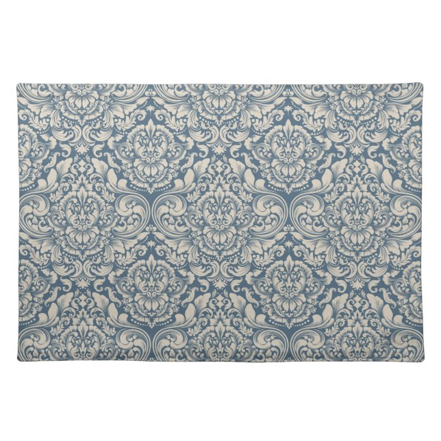 Elegant Baroque Blue Damask Brocade on White Cloth Placemat (Front)