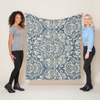 Elegant Baroque Blue Damask Brocade on White Fleece Blanket