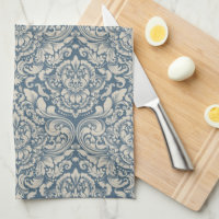 Elegant Baroque Blue Damask Brocade on White Kitchen Towel