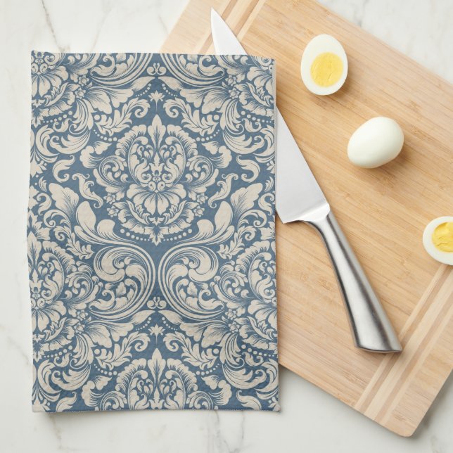 Elegant Baroque Blue Damask Brocade on White Kitchen Towel (Quarter Fold)