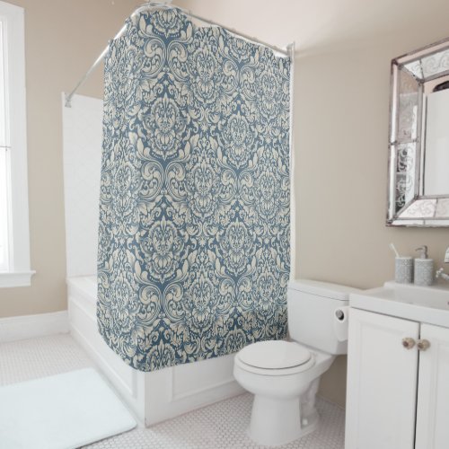 Elegant Baroque Blue Damask Brocade on White Shower Curtain