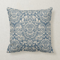 Elegant Baroque Blue Damask Brocade on White Throw Pillow