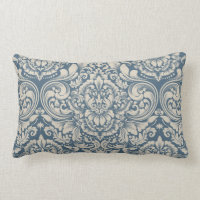 Elegant Baroque Blue Damask Brocade on White Throw Pillow