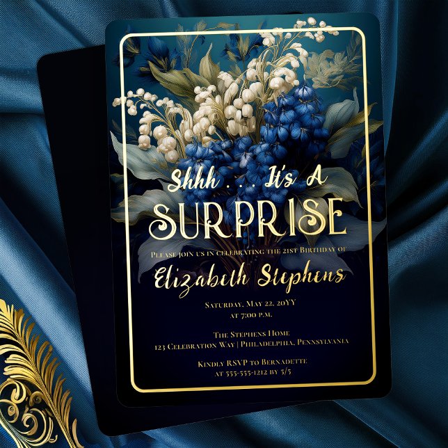 Elegant Baroque Blue Floral Surprise 21st Birthday Foil Invitation (Elegant Baroque Dark Moody Blue and White Floral Surprise 21st Birthday Party Gold Foil Invitation)