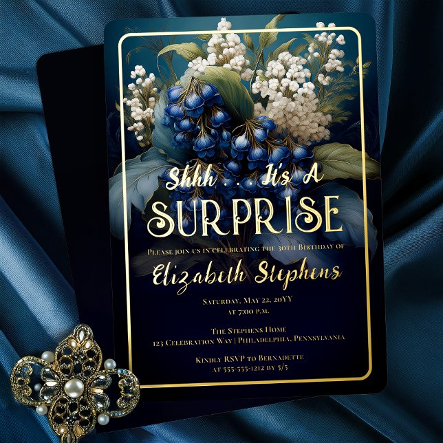 Elegant Baroque Blue Floral Surprise 30th Birthday Foil Invitation (Elegant Baroque Style Dark Moody Blue | White Floral "SURPRISE" 30th Birthday Party Gold Foil Invite)